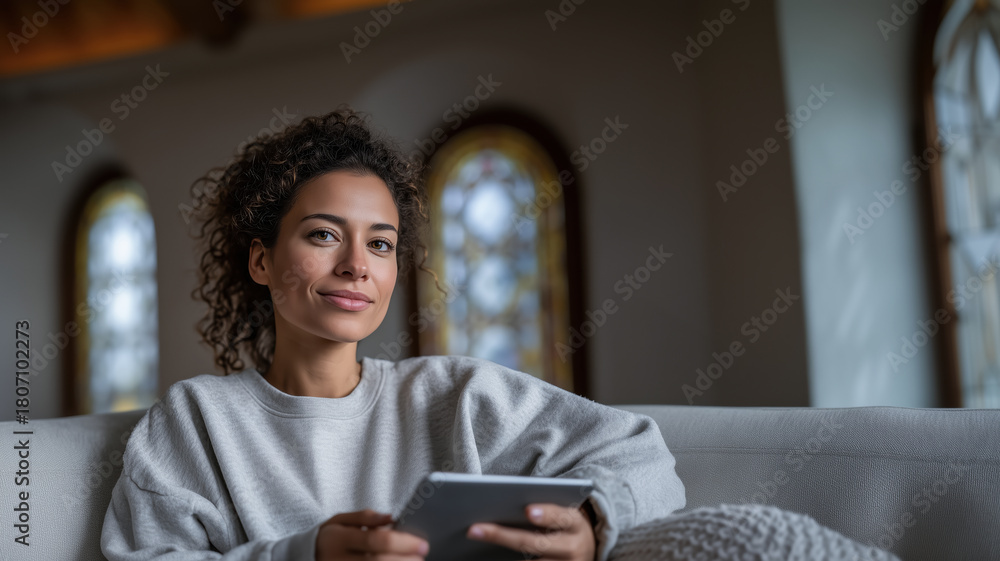 © Ed - woman relaxing on a comfortable sofa, reading an email or blog post, a concept for digital technologies, social media, or searching for information and news online