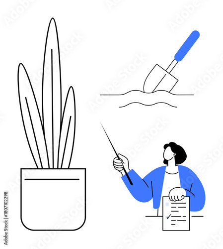 Plant in a pot, gardening spade breaking soil, and woman holding paper with pointer. Ideal for education, training, growth, gardening, teaching presentation and development. Simple flat metaphor