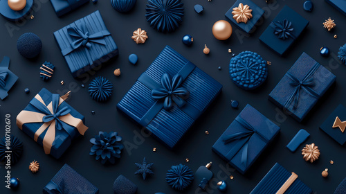 Elegant flat lay composition showcasing luxurious assortment of blue gift boxes, textured ornaments, and sparkling gold accents on dark, sophisticated background.