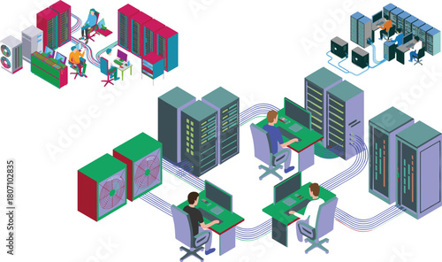 Isometric data center with server racks, IT technicians managing network systems, cooling units and cables showing modern technology infrastructure and digital operations