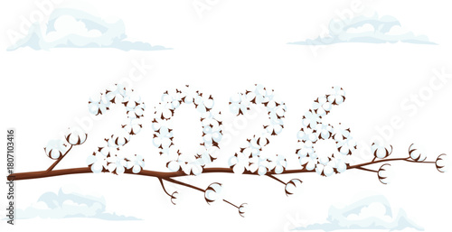 Creative "2026" New Year Vector Formed by Cotton Blossoms on a Branch, Surrounded by Soft Clouds, Symbolizing Purity, Natural Growth, and Winter Season Greetings