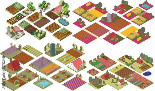 Isometric farm landscape illustration with barns, crop fields, hay bales, trees, pond, farmland elements, agriculture concept design for stock images