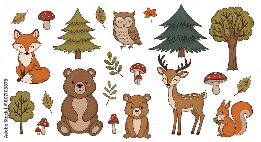 Fototapeta premium Adorable collection of hand-drawn woodland creatures and forest elements, including a fox, bear, deer, owl, and squirrel.