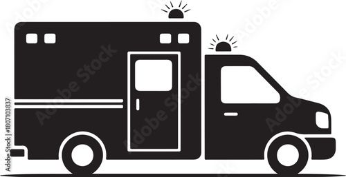 Bold black vector silhouette of an ambulance or emergency medical services (EMS) van with flashing lights, symbolizing health, rescue, and urgent care