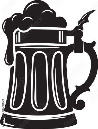 Black and white graphic illustration of a frothy beer stein with a decorative handle drink beverage