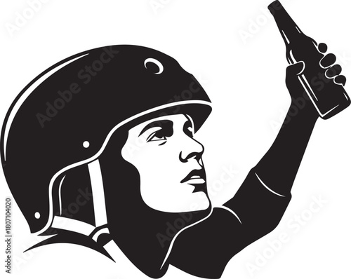Black and white graphic illustration of a person wearing a helmet holding up a bottle vector