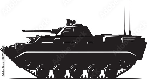 Bold black vector silhouette of a modern Infantry Fighting Vehicle (IFV) or armored personnel carrier (APC) with a cannon turret, symbolizing military, defense, and warfare