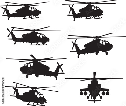 Collection of seven black vector silhouettes showing various views of an Apache attack helicopter, perfect for military graphics, aviation themes, and combat simulation designs