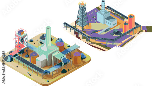 Isometric mining industry illustration with conveyor belt system, processing plant, metal tower structure, storage silos, heavy rocks, industrial landscape, equipment