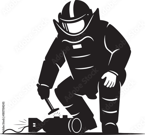 Black and white vector silhouette of an EOD technician in a heavy protective bomb suit, inspecting an explosive device, ideal for military, security, and counter-terrorism themes