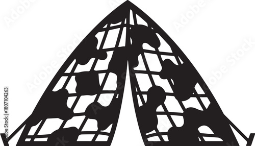 Bold black vector illustration of a camouflage tent or shelter with a netting and blob pattern, symbolizing camping, military, survival, and outdoor adventure