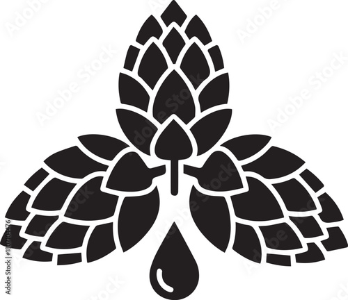 Black and white vector graphic of three hop cones arranged in a symmetrical pattern with a drop of liquid below
