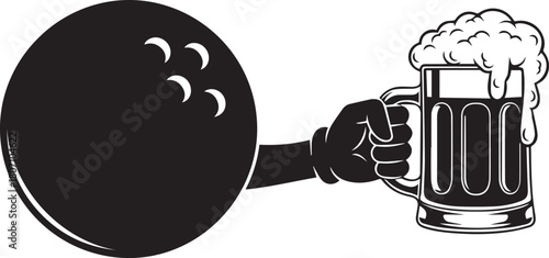Black bowling ball with holes held by a gloved hand holding a frothy beer mug vector