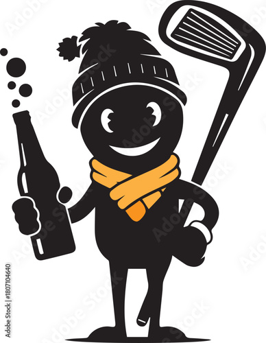 Black cartoon character wearing a beanie and scarf holding a beer bottle and a golf club vector
