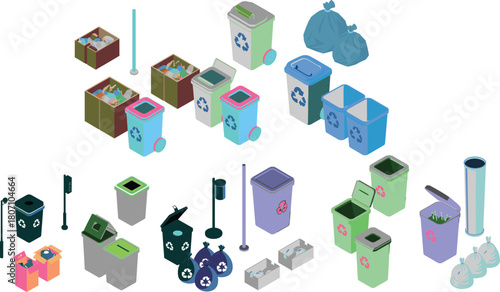 Isometric recycling bins and waste containers illustration with trash bags, cardboard boxes, garbage cans, eco friendly waste management equipment, environmental cleanup