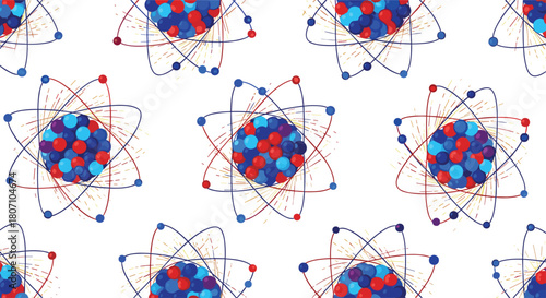 Scientific seamless pattern of hand-drawn atomic models with orbiting electrons and colorful nuclei, illustrated in a watercolor style.