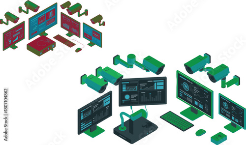 Isometric security surveillance system with CCTV cameras and monitoring screens showing data analytics, modern control room technology for safety, protection monitoring