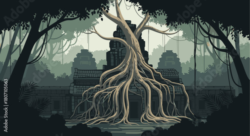 Atmospheric pixel art scene of an ancient, overgrown temple in a dense jungle with large tree roots covering the structure.