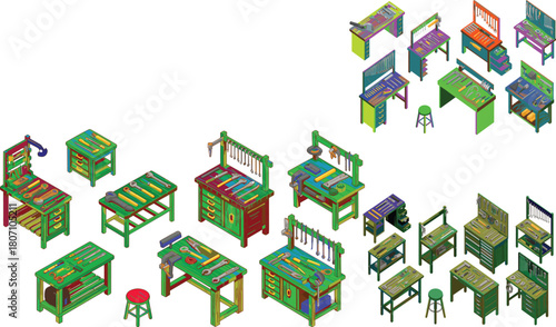 Isometric wooden workbenches with assorted hand tools arranged neatly, workshop equipment illustration for carpentry, repair, construction, maintenance and DIY projects
