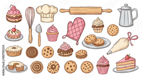 Large collection of hand-drawn baking and dessert items, featuring cakes, cupcakes, cookies, and various pastry tools in a sketch style.