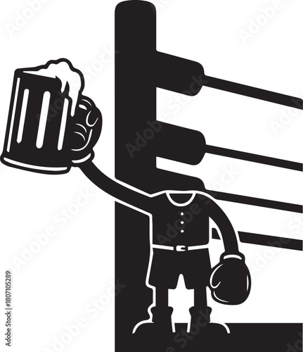 Black silhouette of a cartoon boxer holding a frothy beer mug in a boxing ring drink
