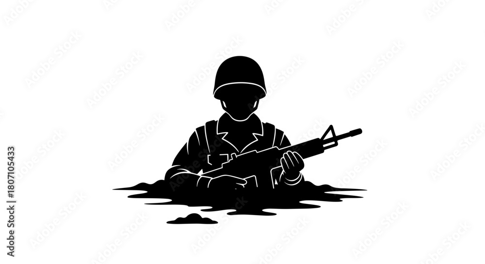 Naklejka premium Soldier sitting in trench holding rifle in silhouette style