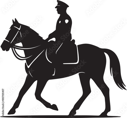 Black and white vector silhouette illustration of a mounted police officer riding a horse, representing law enforcement, security, and public control at events or in parks
