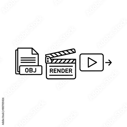 Line art icons representing 3d modeling workflow obj file, clapperboard with render, and play button