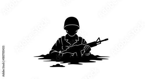 Soldier sitting in trench holding rifle in silhouette style  