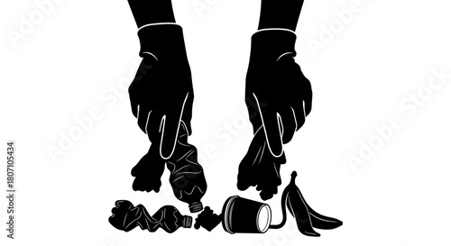 Hands wearing gloves sorting waste for recycling and composting  