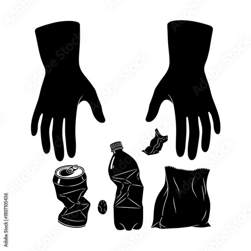 Hands in gloves holding trash items including bottles and bags  