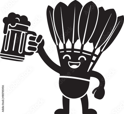 Black silhouette of a happy cartoon shuttlecock character holding a frothy beer mug badminton drink