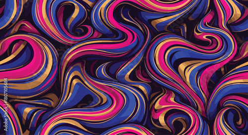 A beautiful seamless pattern of abstract, flowing swirls in vibrant pink, blue, and gold, creating a liquid marble or acrylic paint effect.