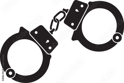 Black and white vector silhouette illustration of metal handcuffs connected by a chain, a classic symbol of justice, law enforcement, and criminal activity themes