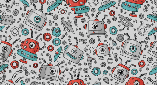 A chaotic seamless pattern filled with a variety of cute and quirky cartoon robots, flying saucers, nuts, bolts, and springs.
