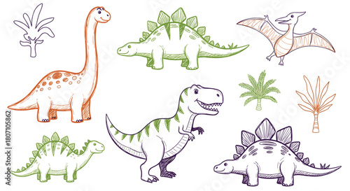 A collection of cute, hand-drawn dinosaurs in a colorful sketch style, featuring a T-Rex, Stegosaurus, and Brontosaurus.