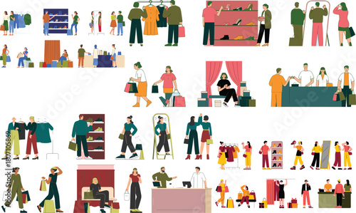 Modern flat shopping illustration set showing people buying clothes, trying outfits, visiting stores, customer service scenes, retail fashion lifestyle activities