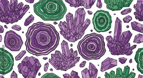 Beautiful seamless pattern of hand-drawn purple amethyst crystals and green agate geodes, creating a magical and geological texture.