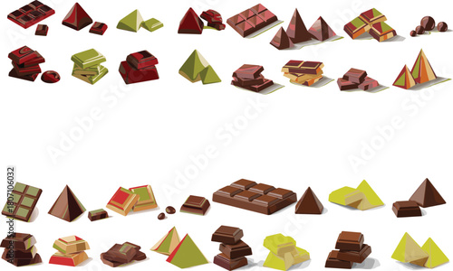 Realistic assorted chocolate pieces in various shapes, dark gourmet squares, creamy white blocks, pyramid candies, confectionery sweets, delicious dessert illustration