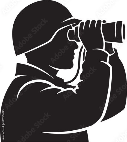 Bold black vector silhouette of a soldier or spotter wearing a combat helmet and looking through binoculars, symbolizing military observation, scouting, and surveillance
