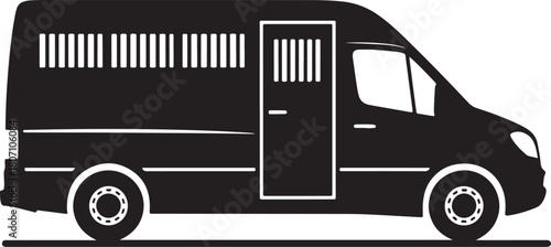 Bold black vector silhouette of a security transport van or prison van with barred windows, symbolizing law enforcement, security, and inmate transport