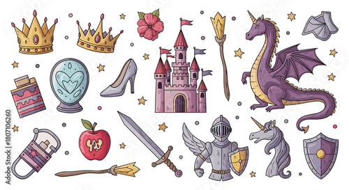 Colorful cartoon collection of classic fairytale and fantasy elements, featuring a castle, dragon, unicorn, knight, crown, and magic sword.