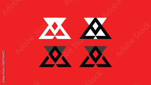 Four Geometric Design Elements Featuring Triangles and Diamond Shapes on a Vibrant Red Background for Modern Visuals.                                 