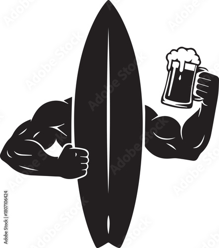 Black silhouette of a surfboard with muscular arms holding a frothy beer mug vector