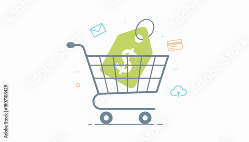 Shopping Cart with Price Tag Online Retail Concept.