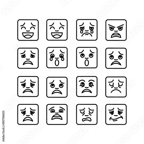 Collection of 16 square icons representing various facial expressions and emotions, including happiness, sadness, anger, and surprise