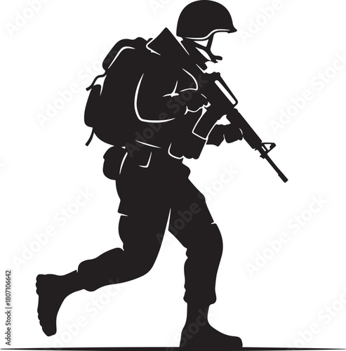 Bold black vector silhouette of a fully equipped soldier or infantryman running while holding an assault rifle, symbolizing combat, military action, and defense