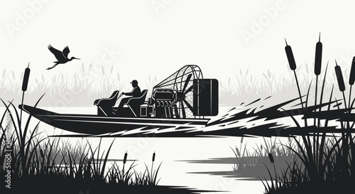 Dynamic black and white illustration of an airboat speeding through a swamp, with tall reeds and a bird in the background.