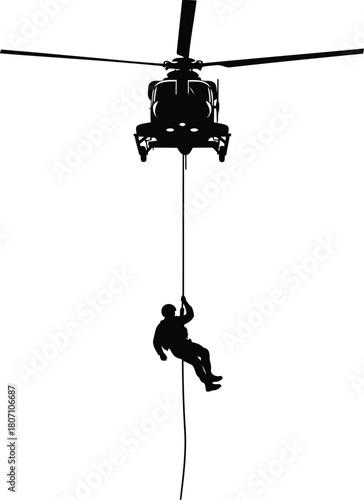 Bold black vector silhouette of a soldier or rescue worker fast-roping from a military helicopter, symbolizing emergency rescue, rapid deployment, and special operations