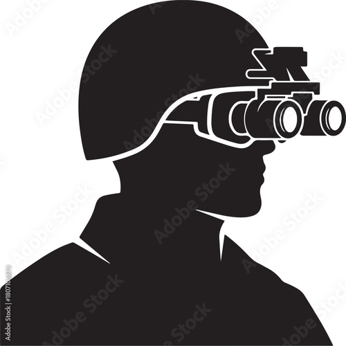 Bold black vector silhouette of a soldier or security personnel wearing a combat helmet and night vision goggles (NVGs), symbolizing covert operations, military technology, and security